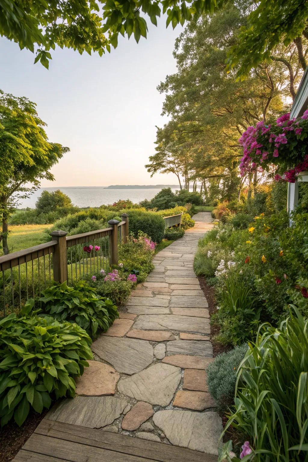Stone pathways add charm and functionality to your deck area.