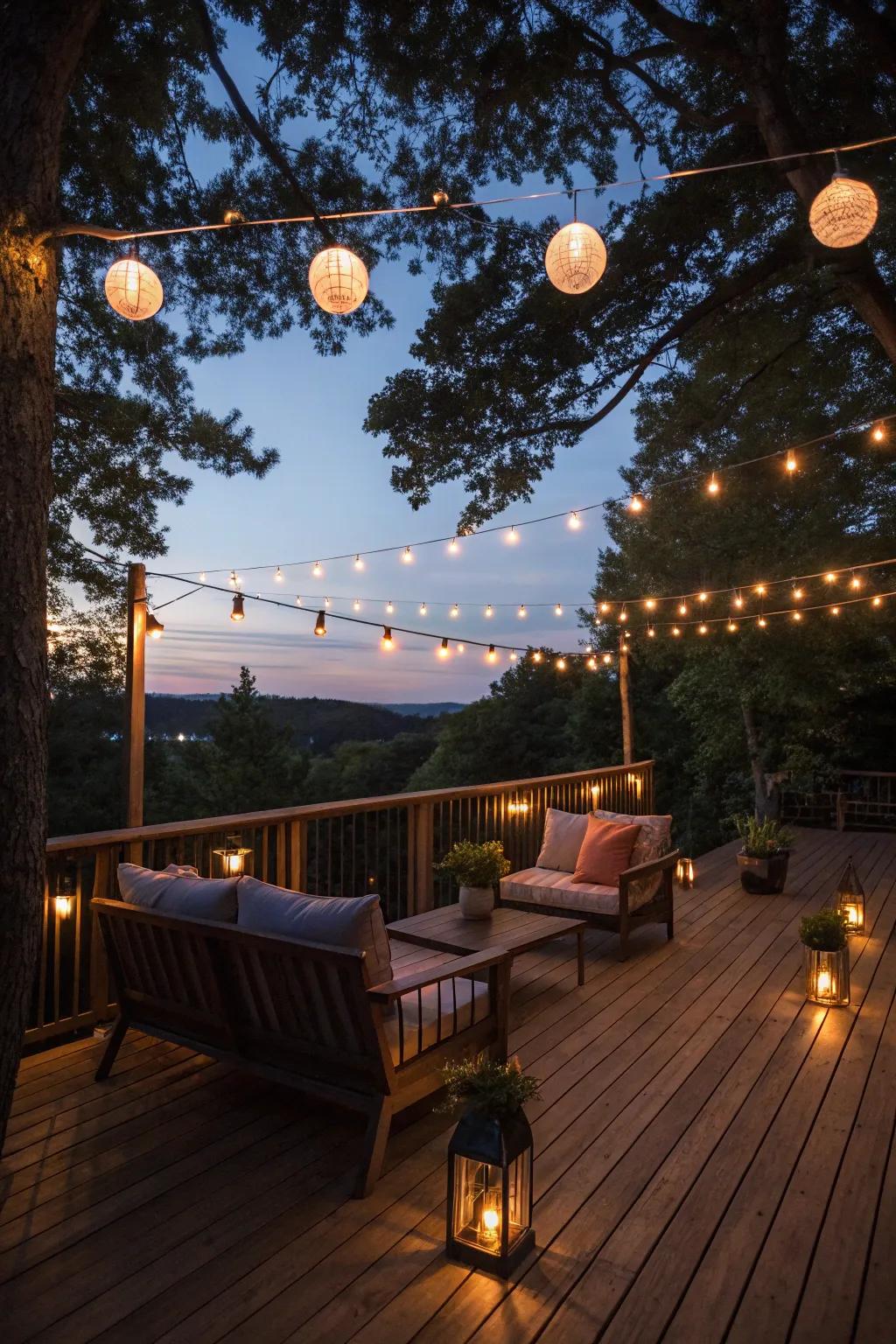 Ambient lighting turns your deck into a magical evening retreat.