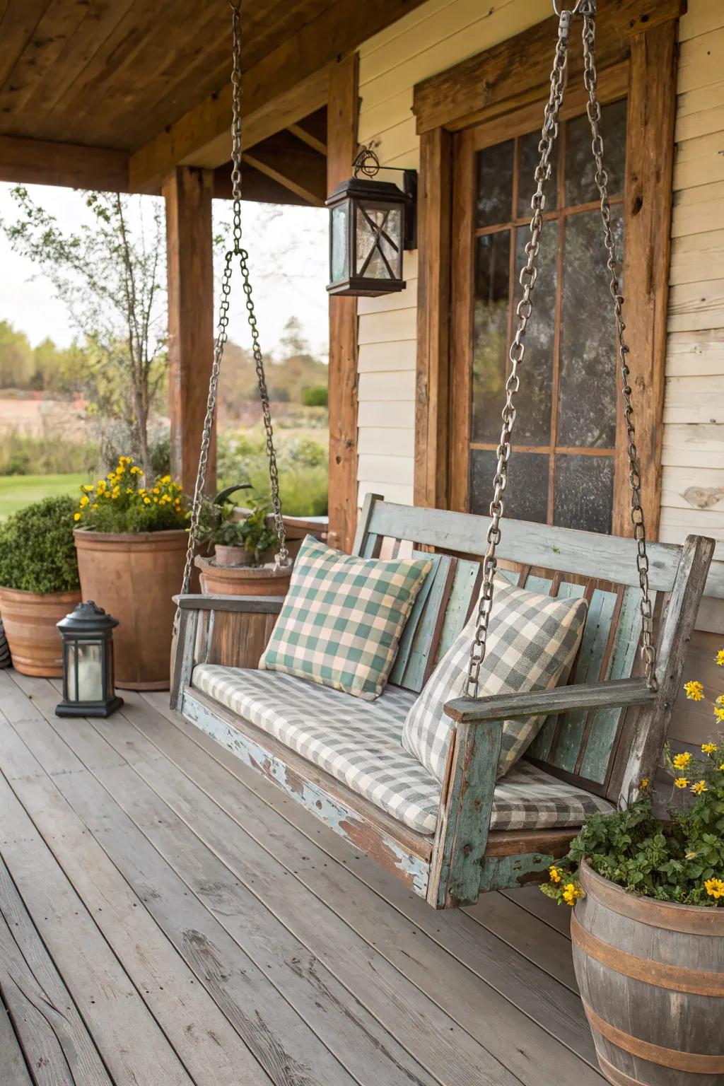 Rustic finishes add vintage charm.