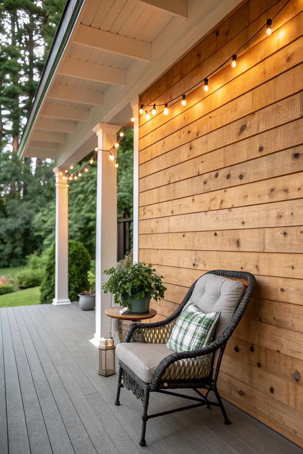 A cedar accent wall adds a striking touch to this porch.