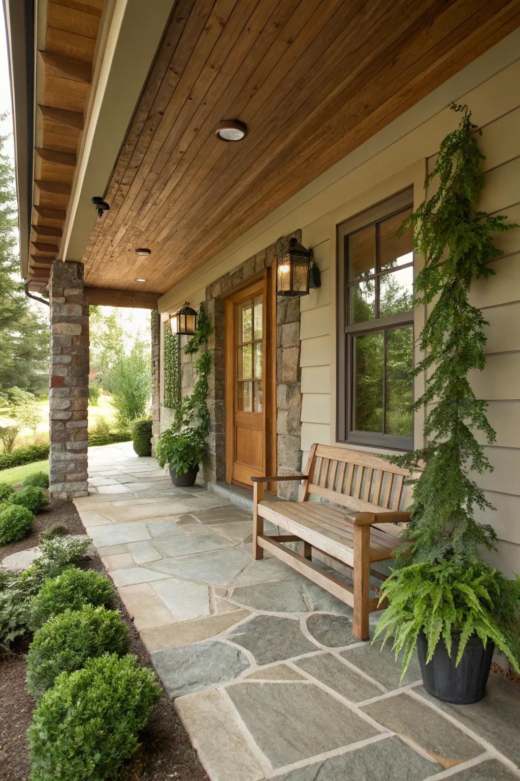 Cedar and stone create a harmonious porch design.