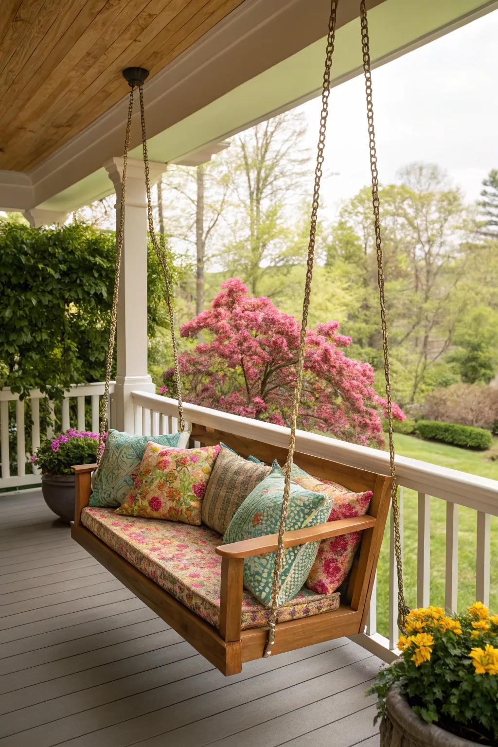A cedar swing invites relaxation on this beautiful porch.