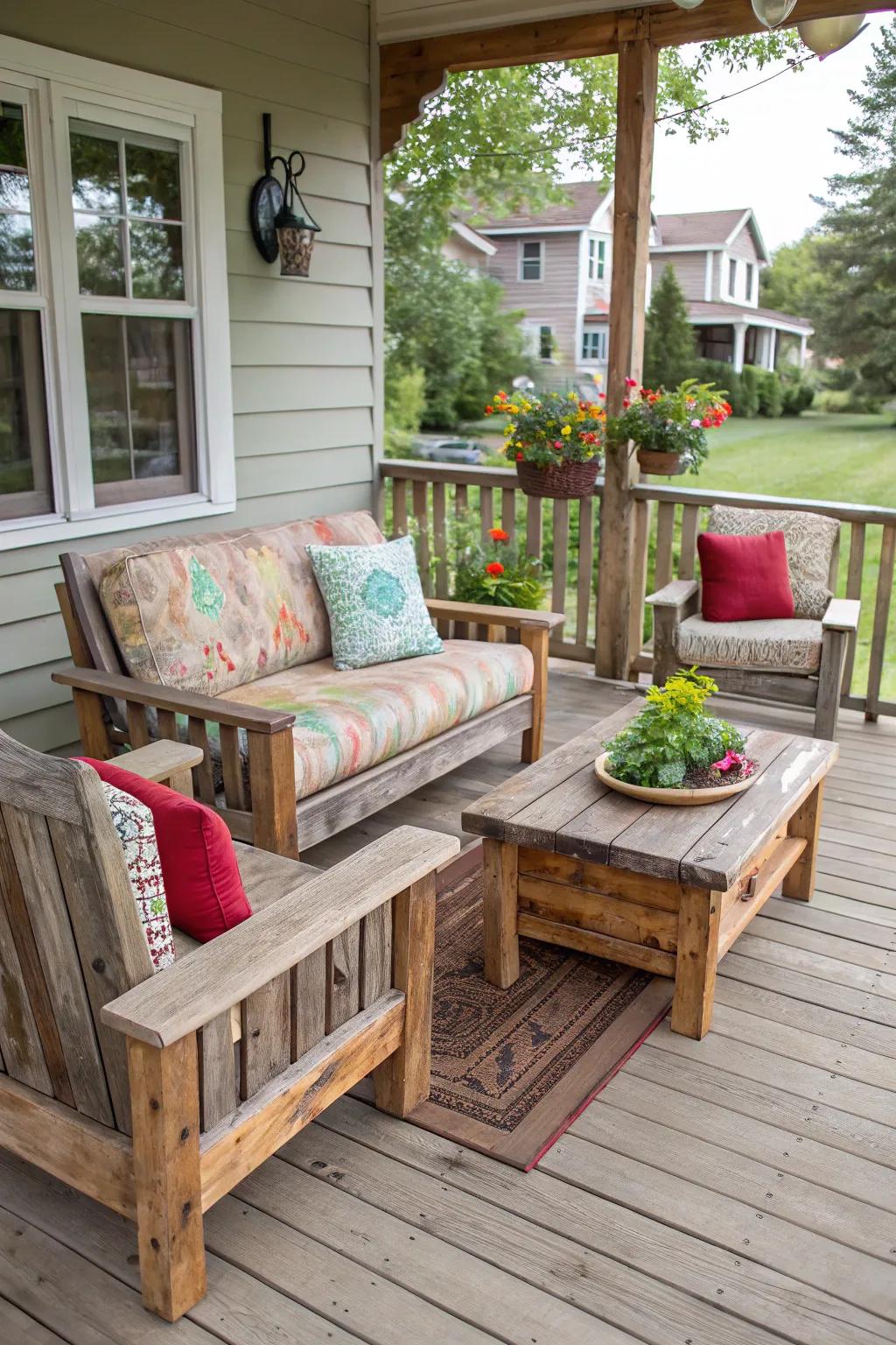 Rustic cedar furniture creates a cozy seating area.