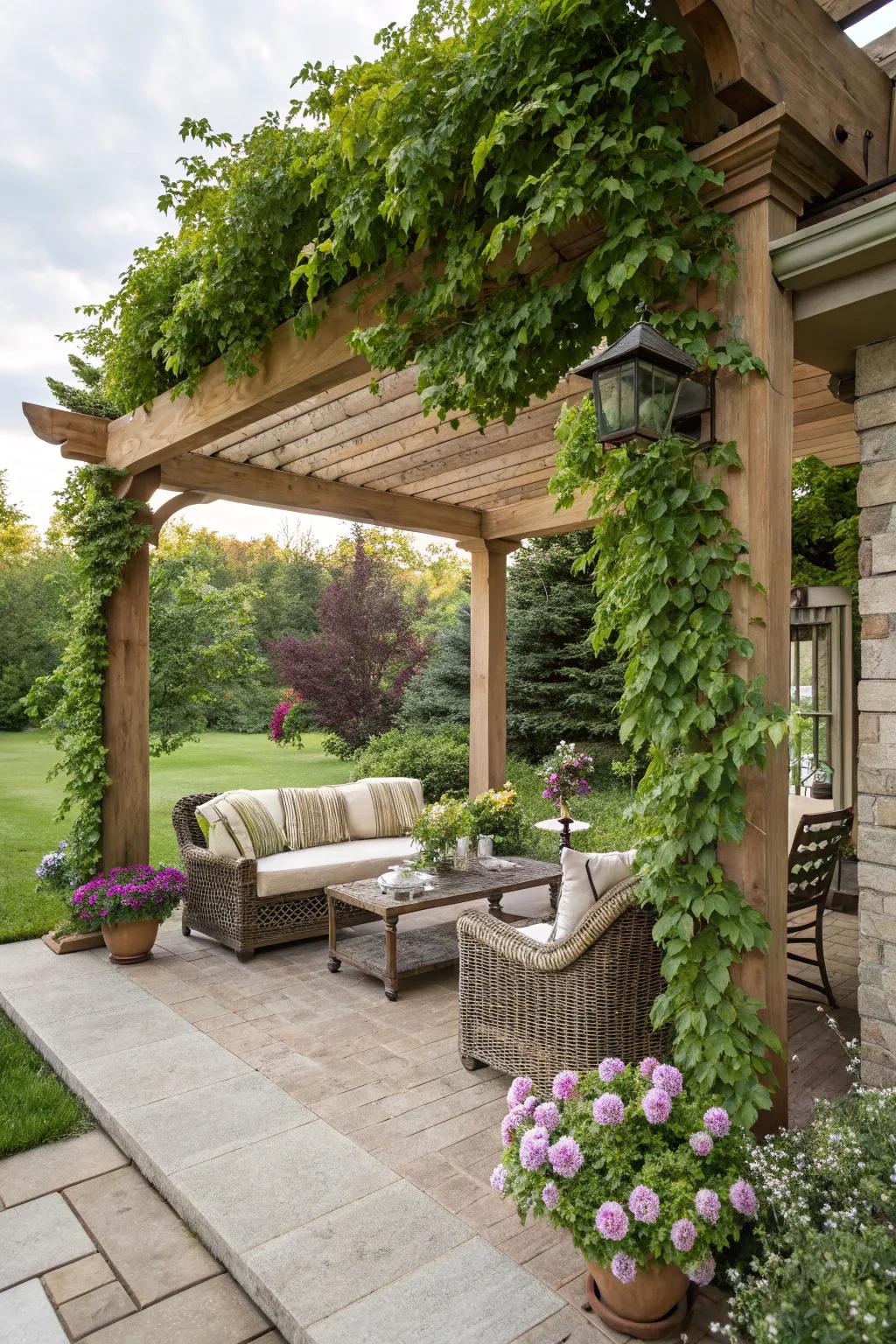 A cedar pergola adds structure and beauty to this porch.
