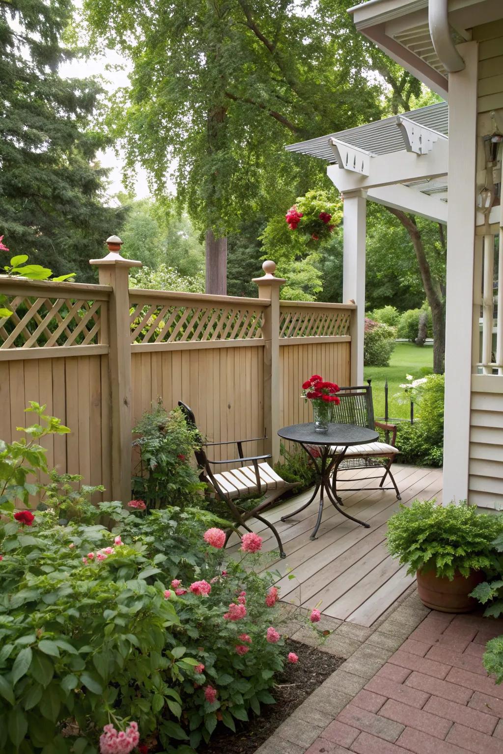 Cedar fencing adds privacy and charm to this porch.
