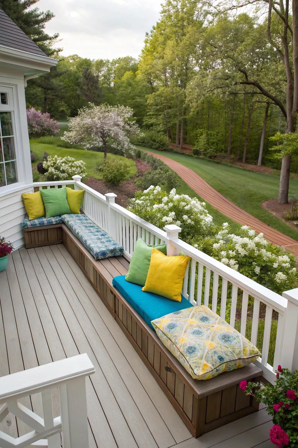 Cozy built-in seating for a relaxing deck experience.