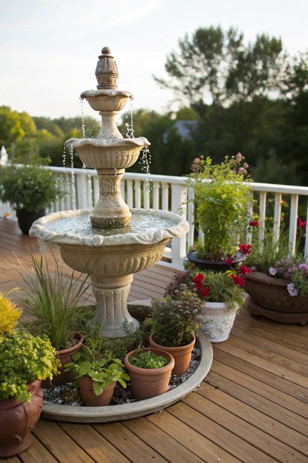 A serene water feature adds tranquility to the deck.