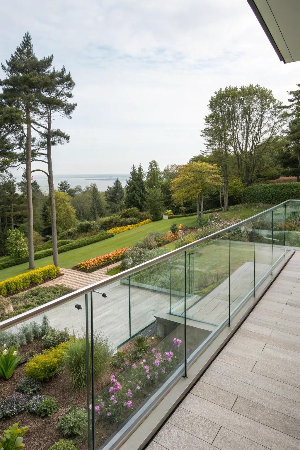 Sleek glass railings for unobstructed garden views.