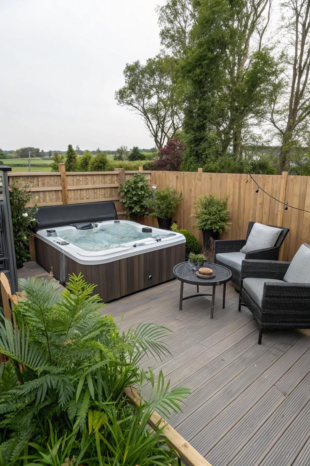 A hot tub adds a touch of luxury to the deck.
