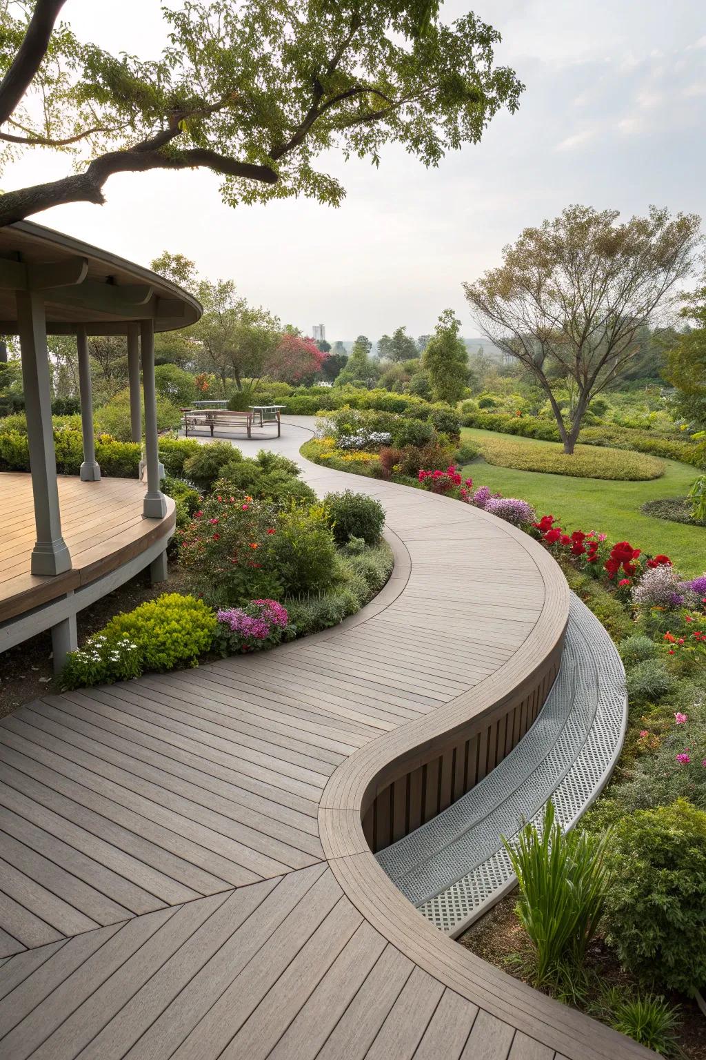 A unique curved deck design that stands out.