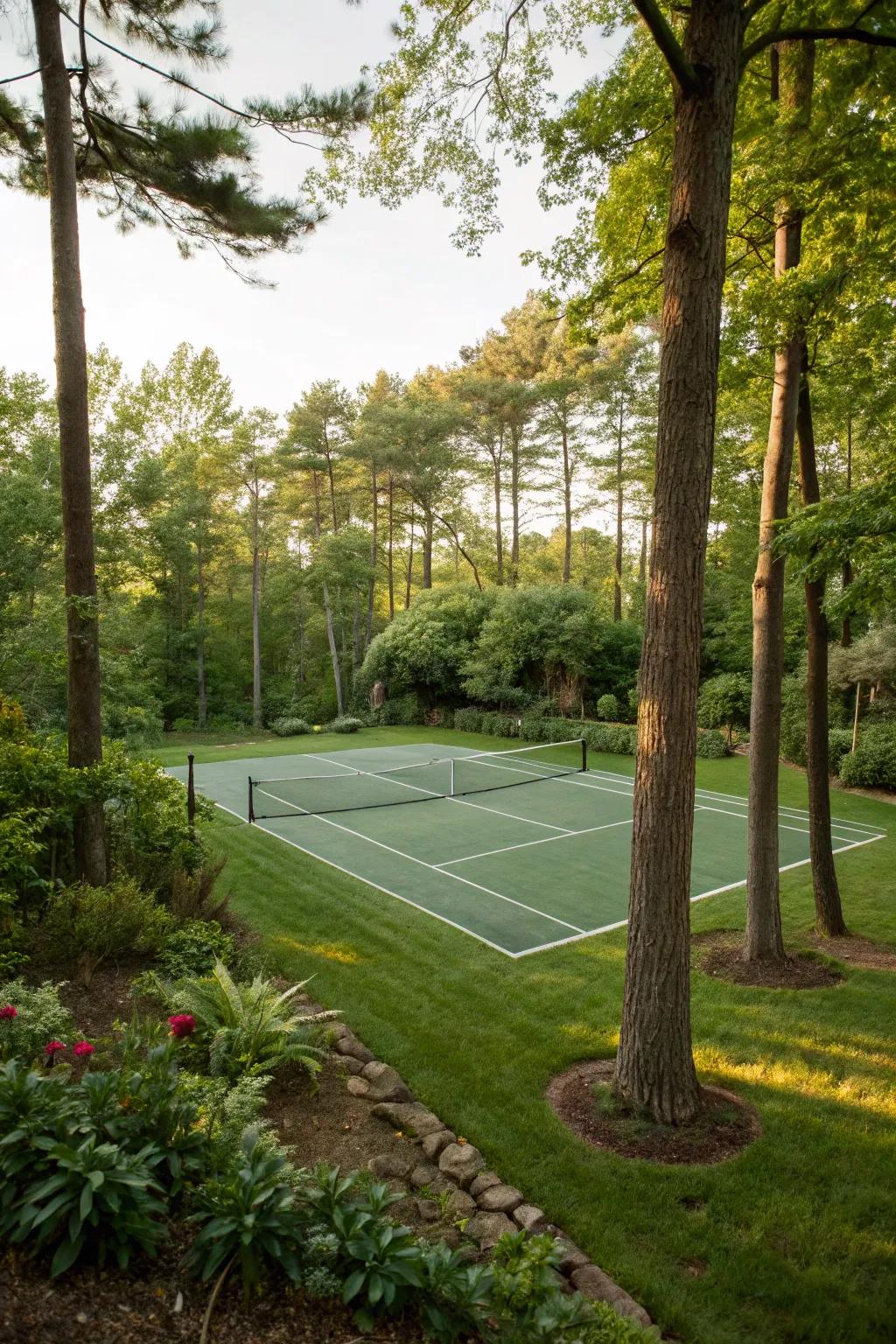 A secluded tennis court surrounded by nature.