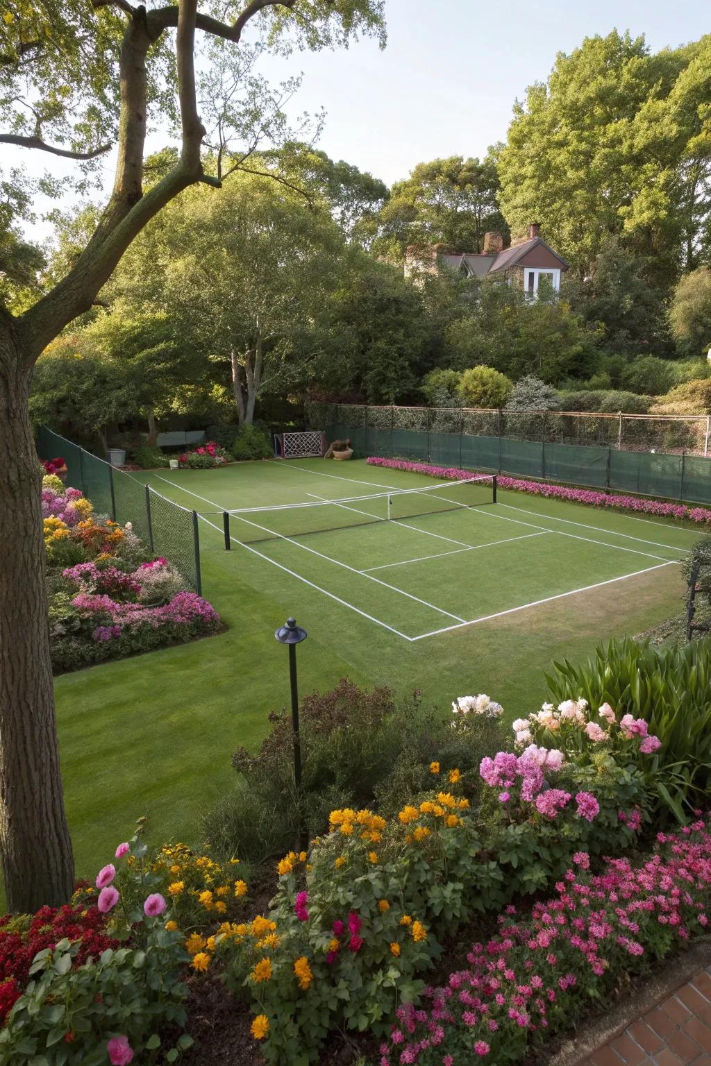 A classic grass tennis court for an elegant backyard.