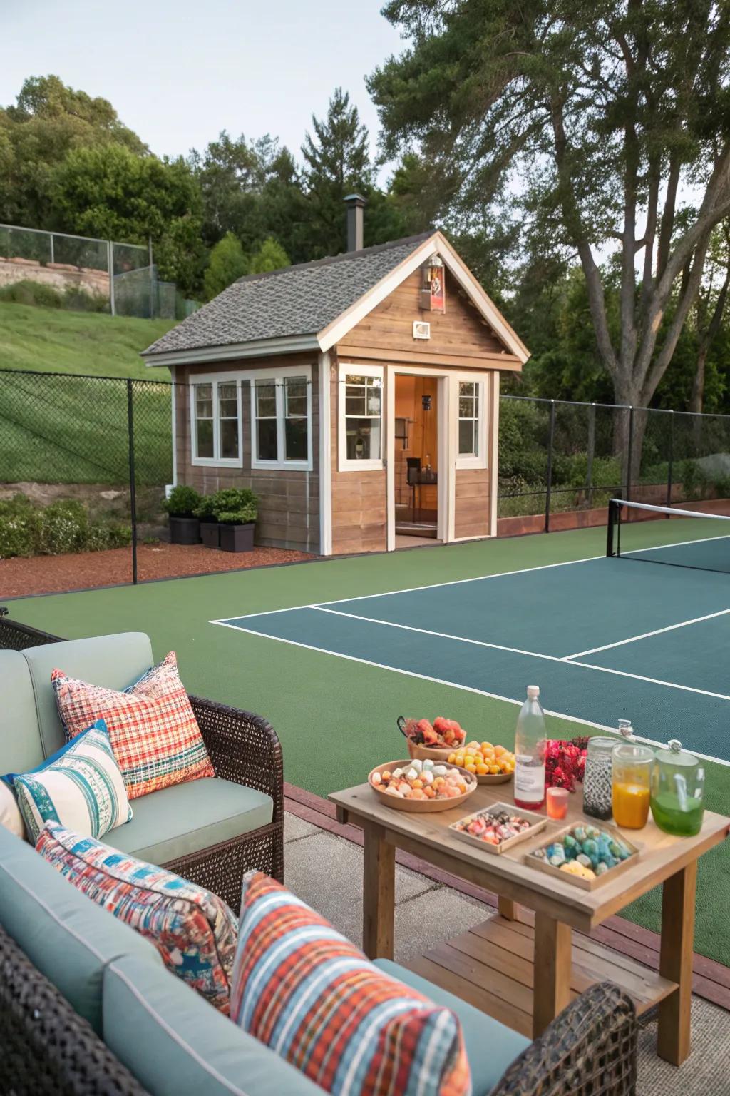 A mini clubhouse for socializing by the court.
