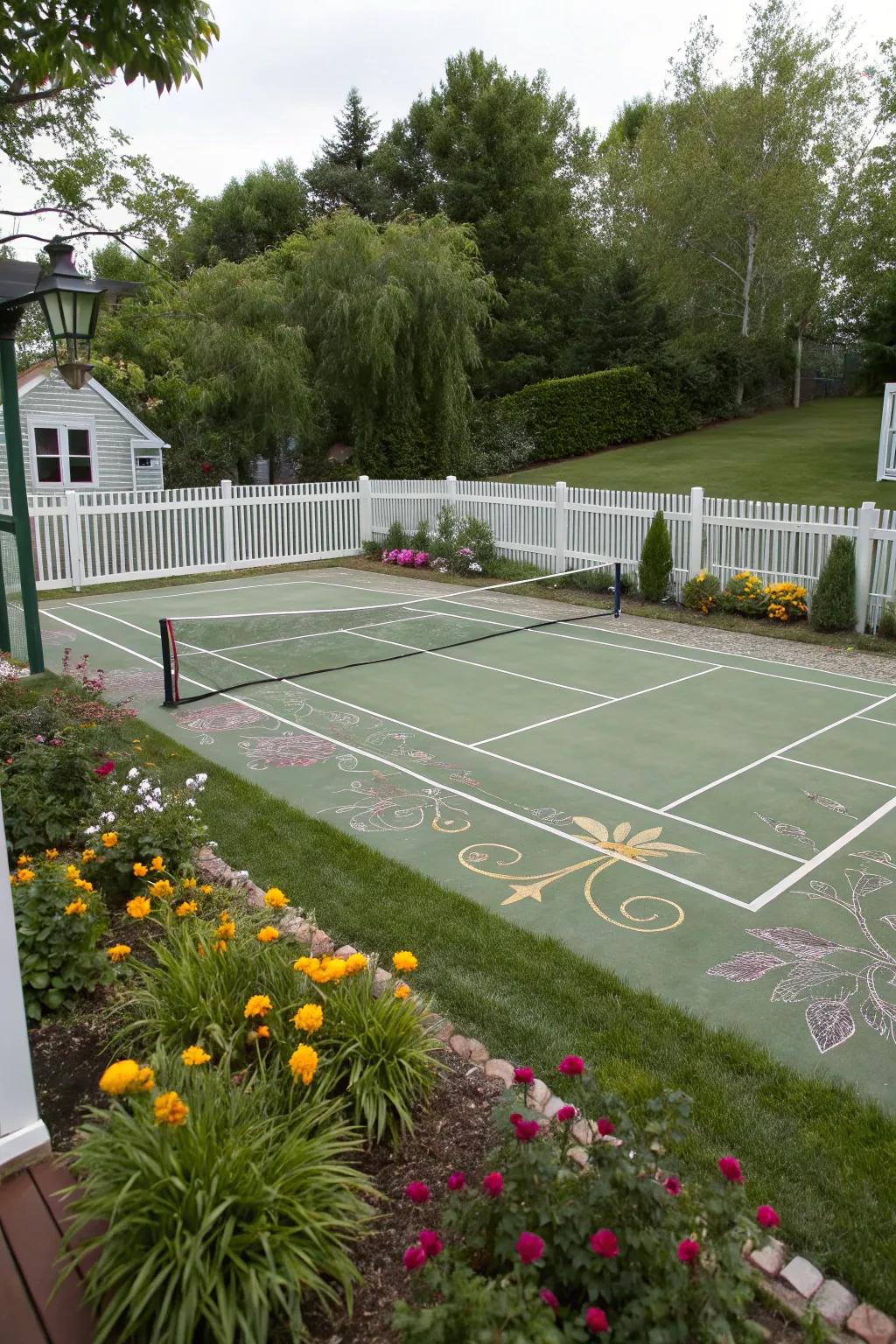 Artistic court lines add a unique flair.