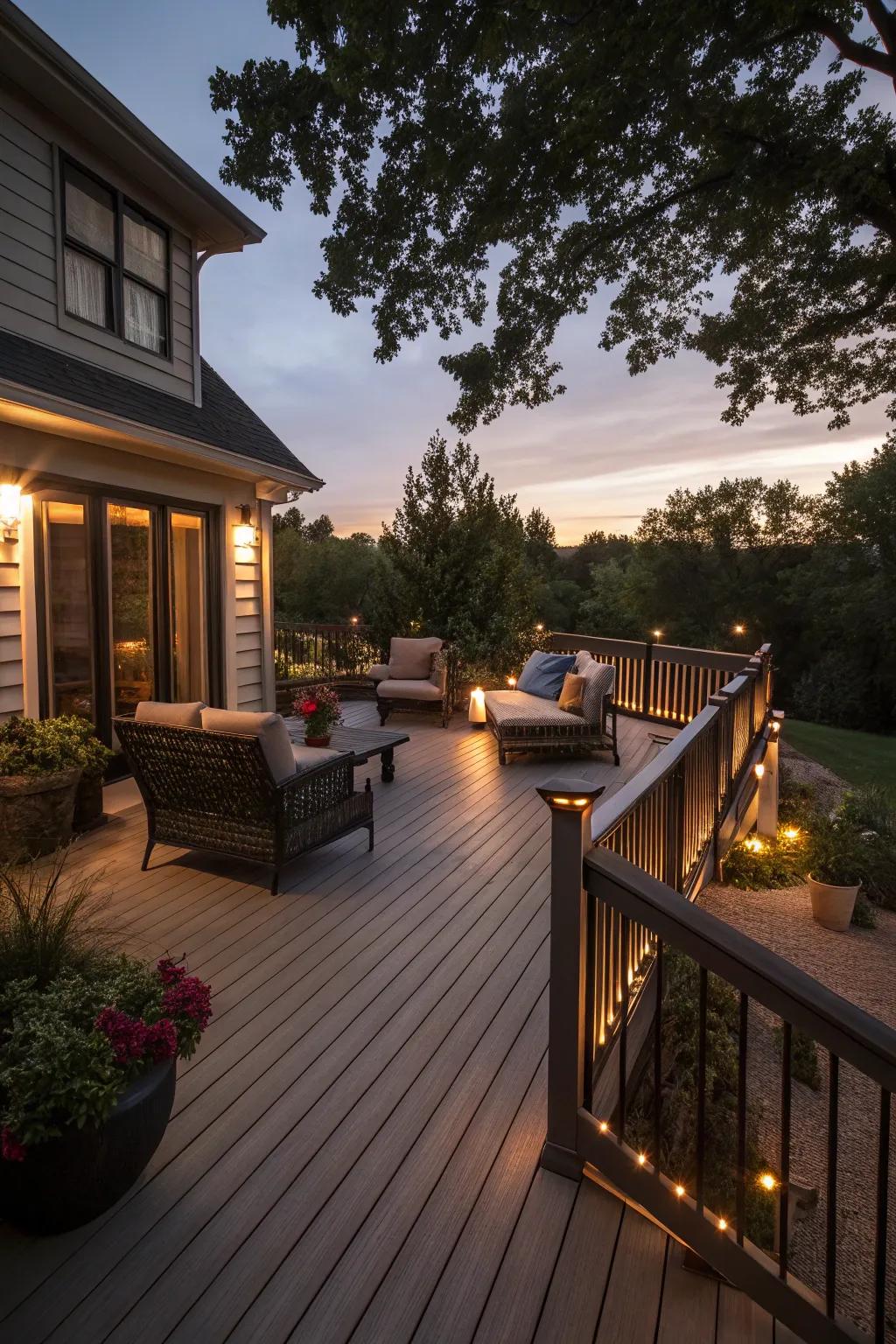 Ambient lighting transforms this deck into an inviting evening retreat.