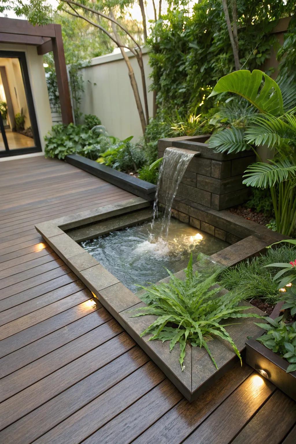A water feature adds tranquility to this composite deck.