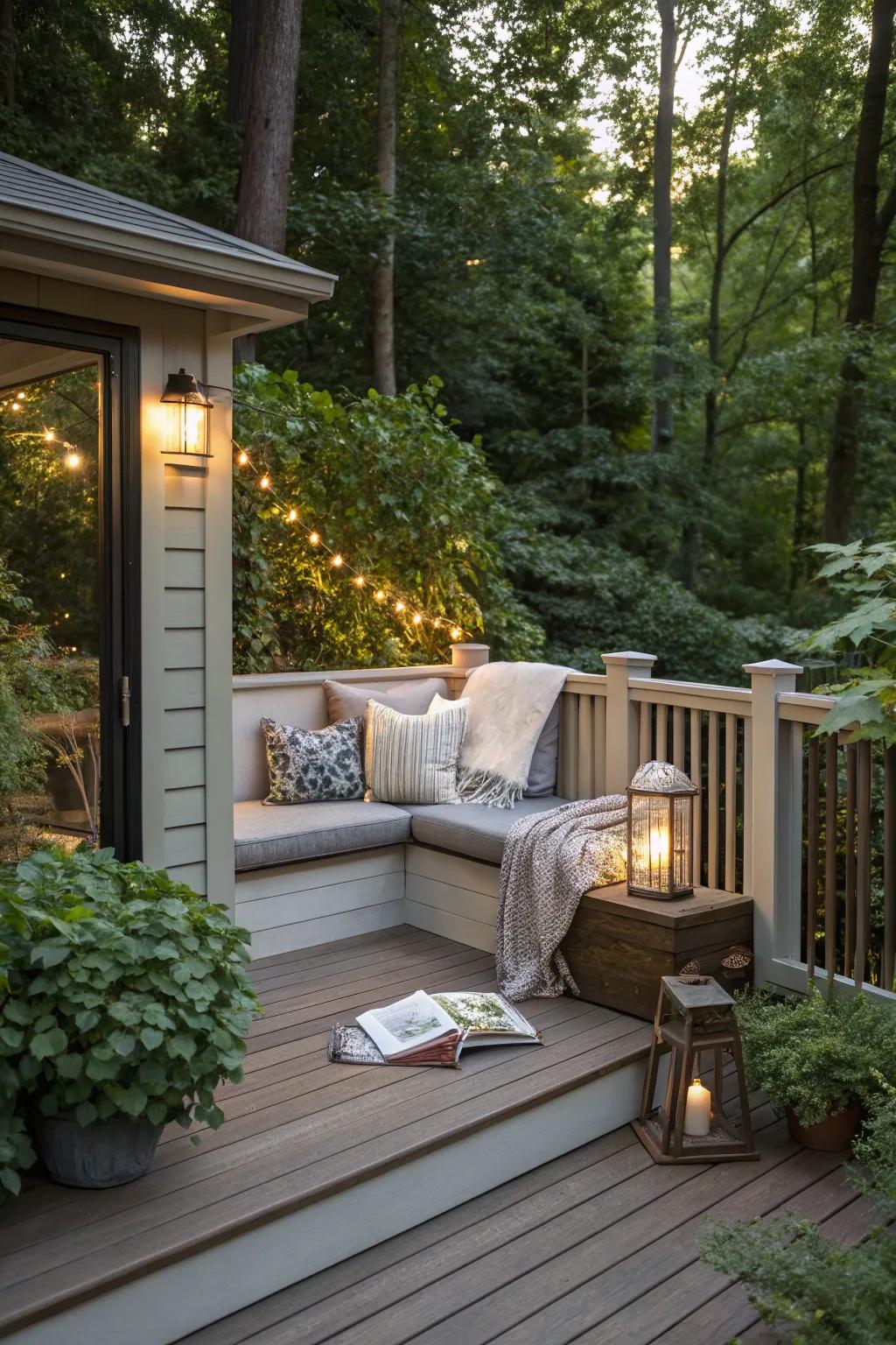 A reading nook makes this deck a perfect retreat for book lovers.