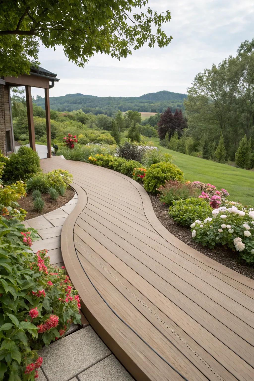 Curved edges give this composite deck a natural, flowing look.