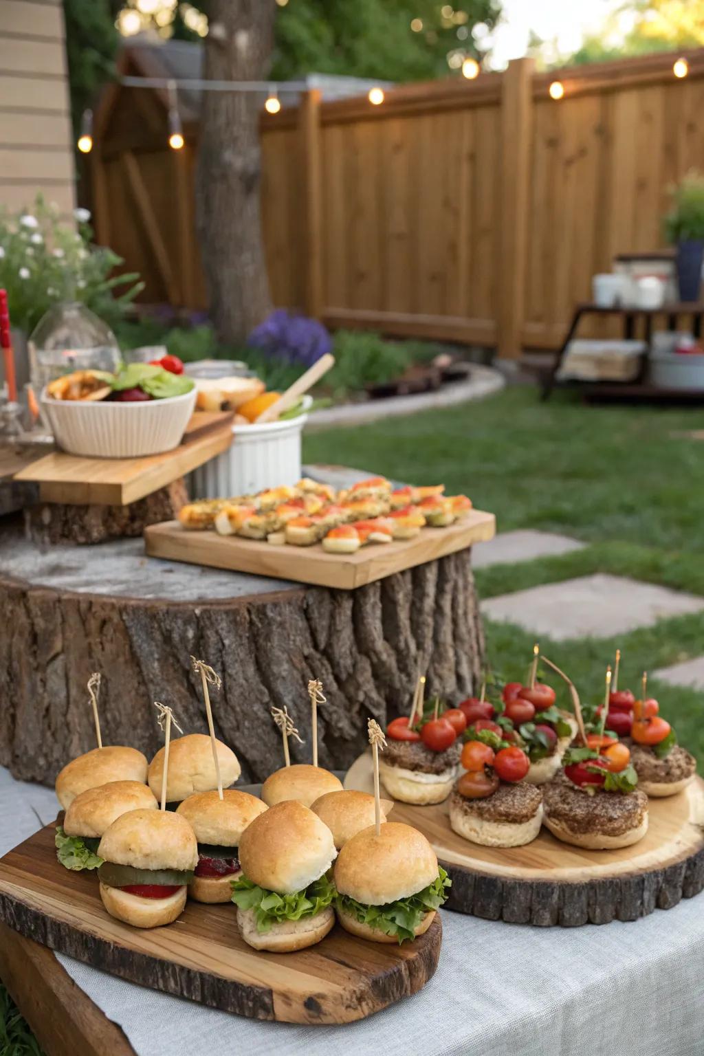 Rustic finger food platters perfect for mingling at outdoor parties