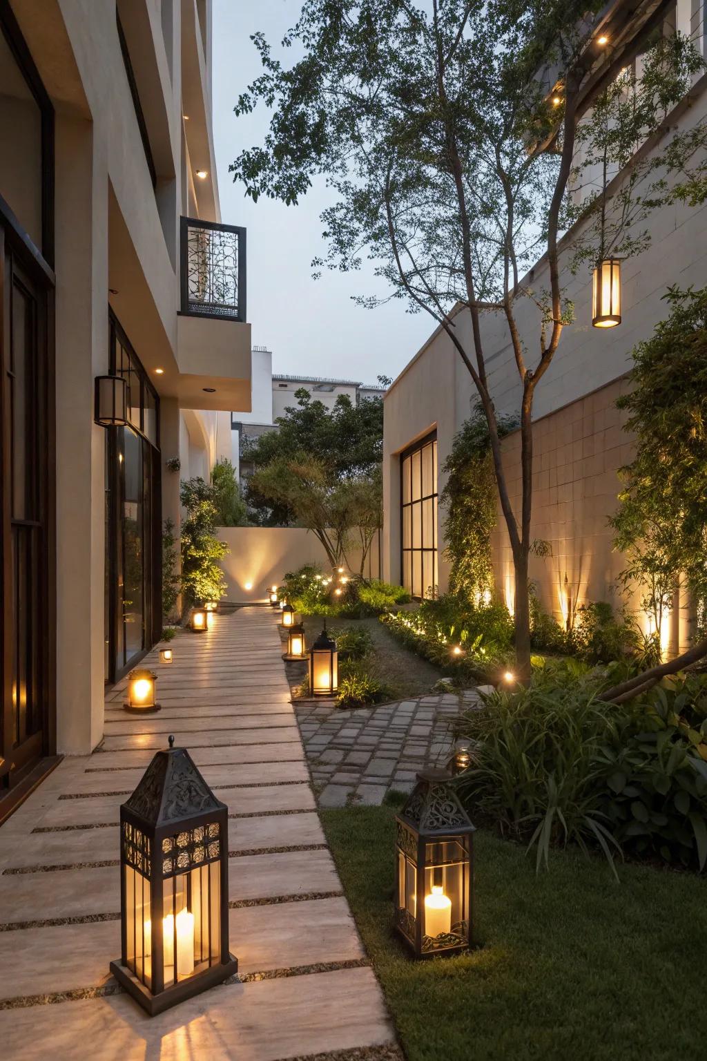 Ambient lighting transforms courtyards into enchanting spaces.