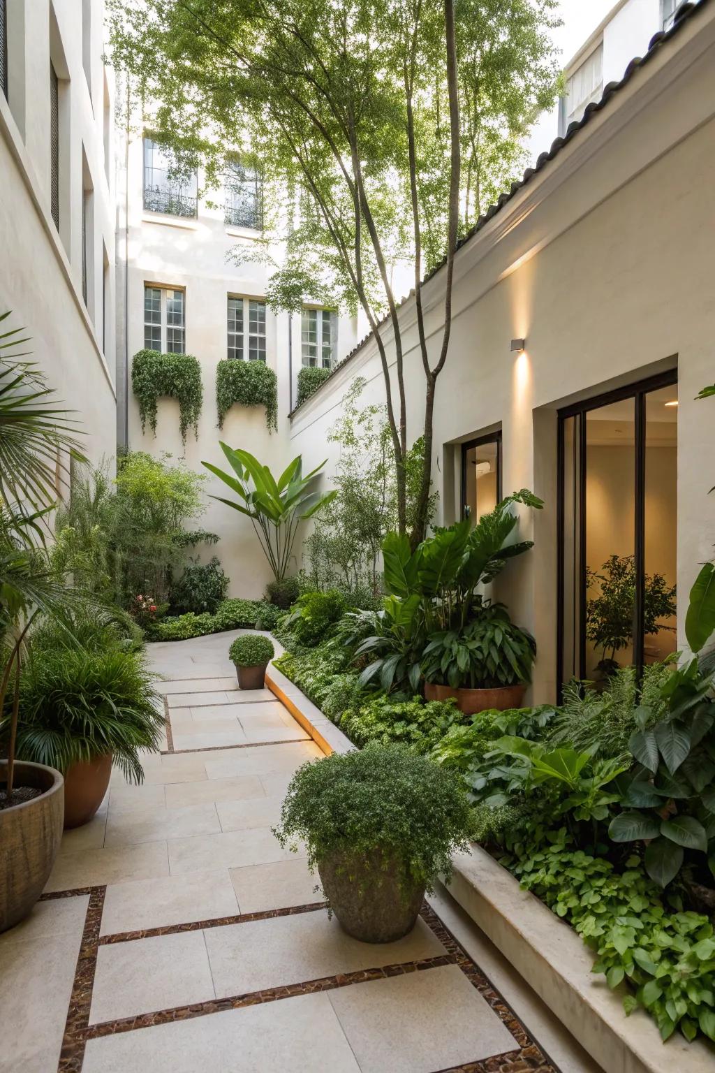 Greenery breathes life into a contemporary courtyard.