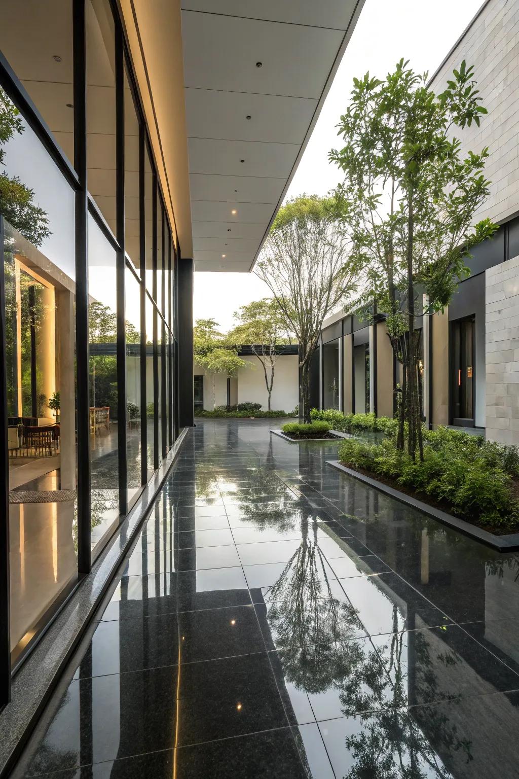 Reflective surfaces make courtyards feel larger and more open.
