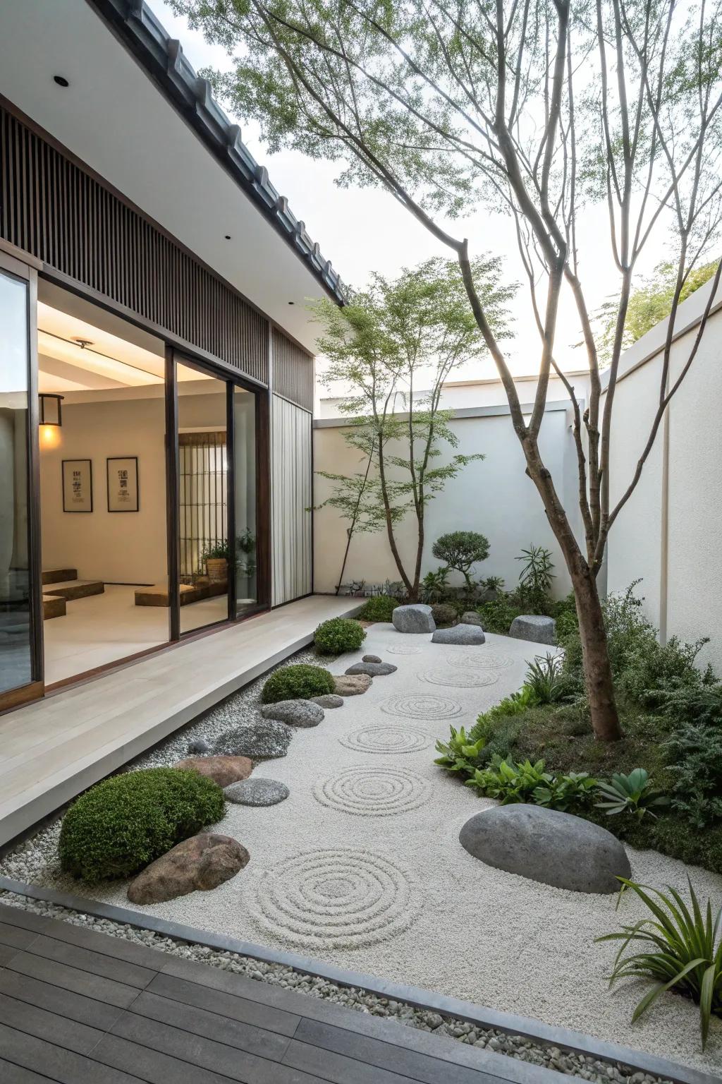 Zen gardens offer a tranquil retreat within courtyards.
