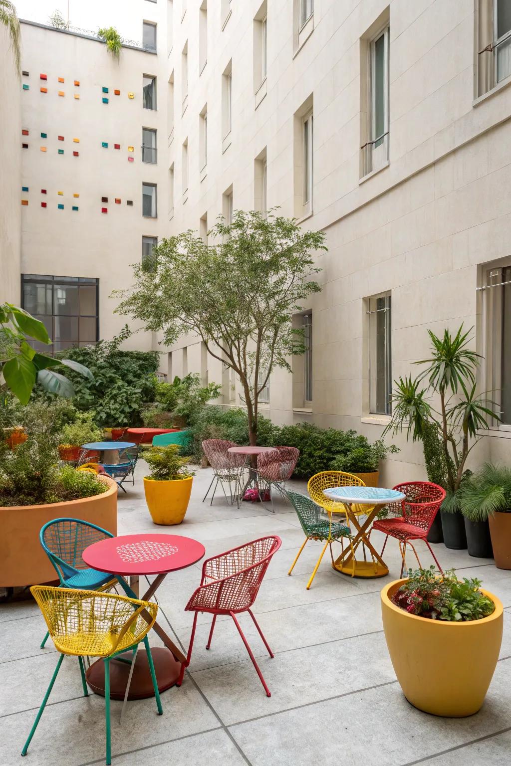 Pops of color bring energy and interest to a courtyard.