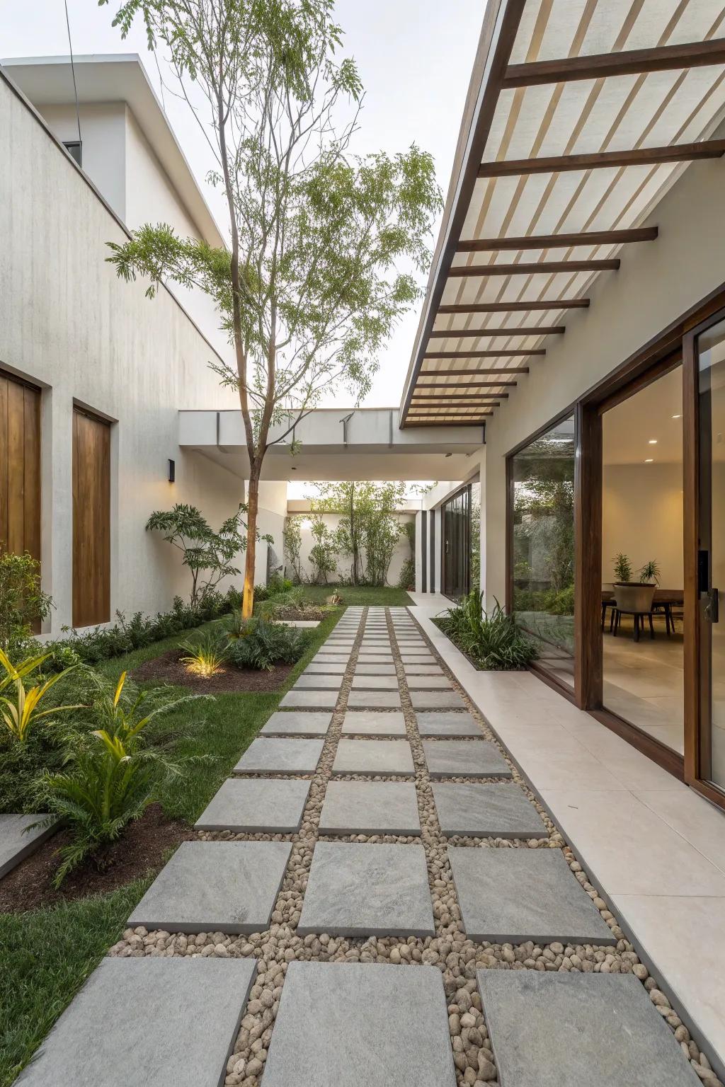 Concrete and stone paths bring a clean, organized aesthetic to your courtyard.