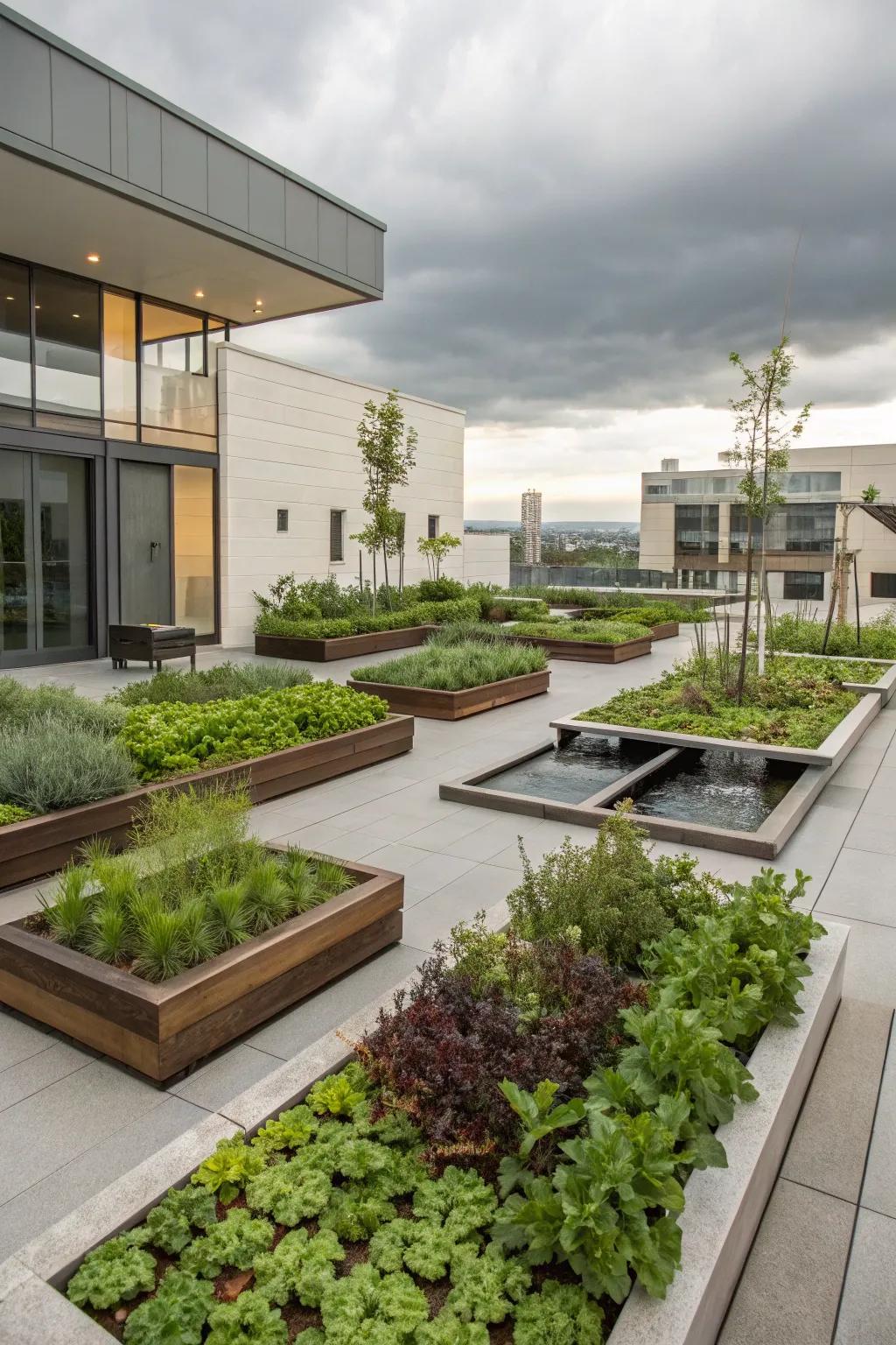 Herb and vegetable gardens provide fresh produce and visual interest.