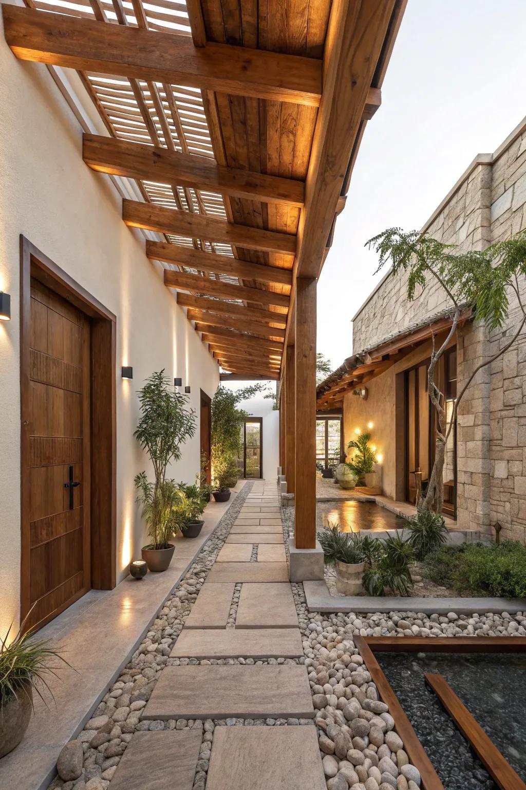 Natural materials infuse warmth into modern courtyards.