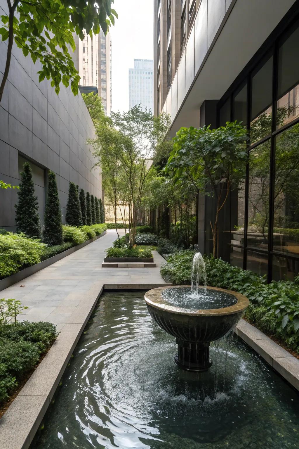 Water features add a soothing element to modern courtyards.