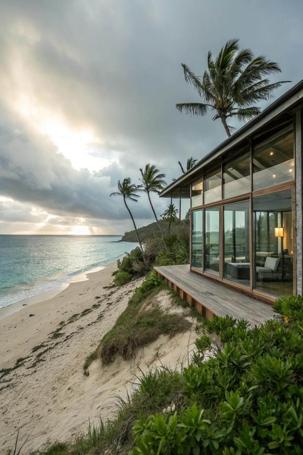 Large windows invite the beauty of the sea inside.