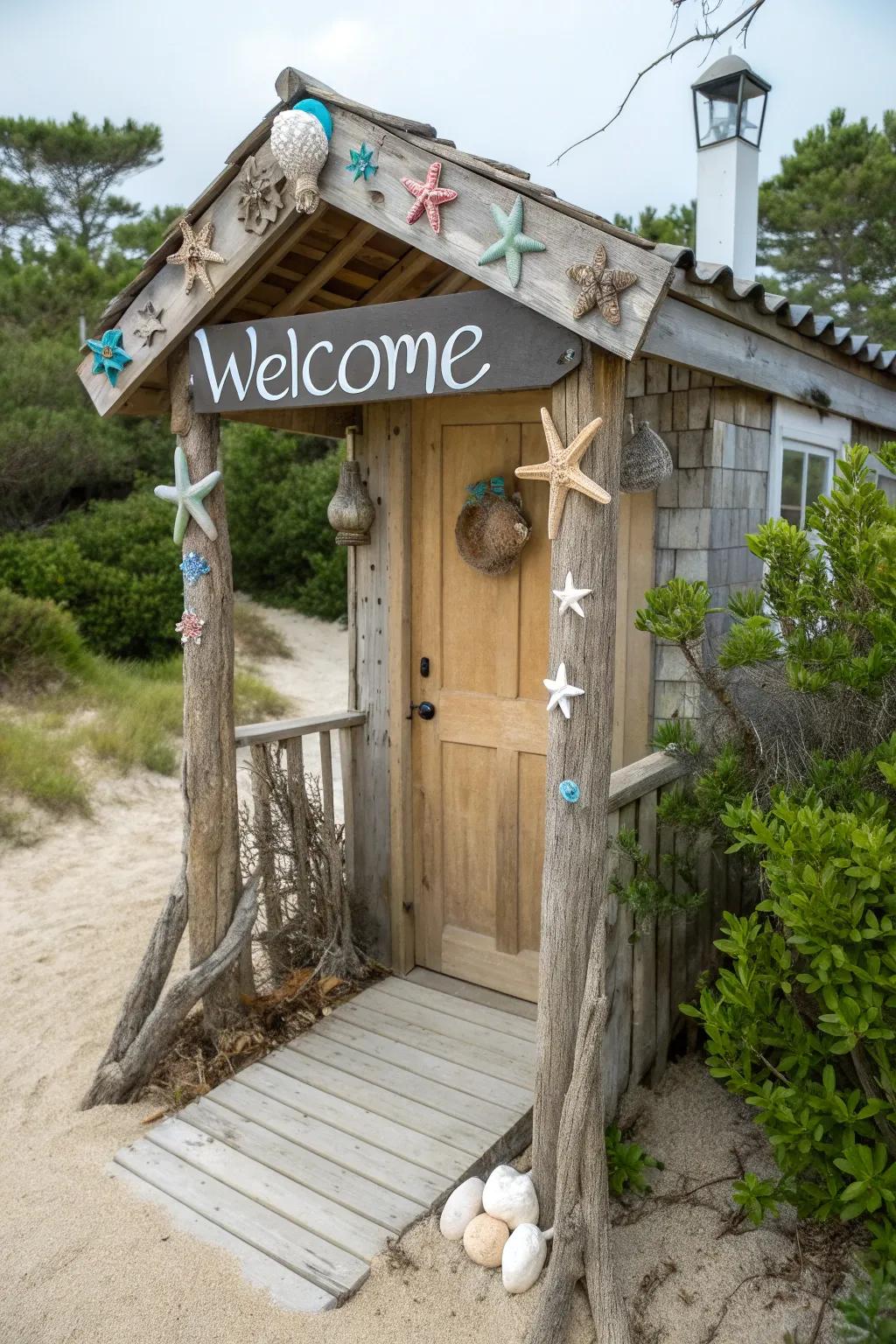 A beach-themed welcome sign sets the tone for your coastal retreat.