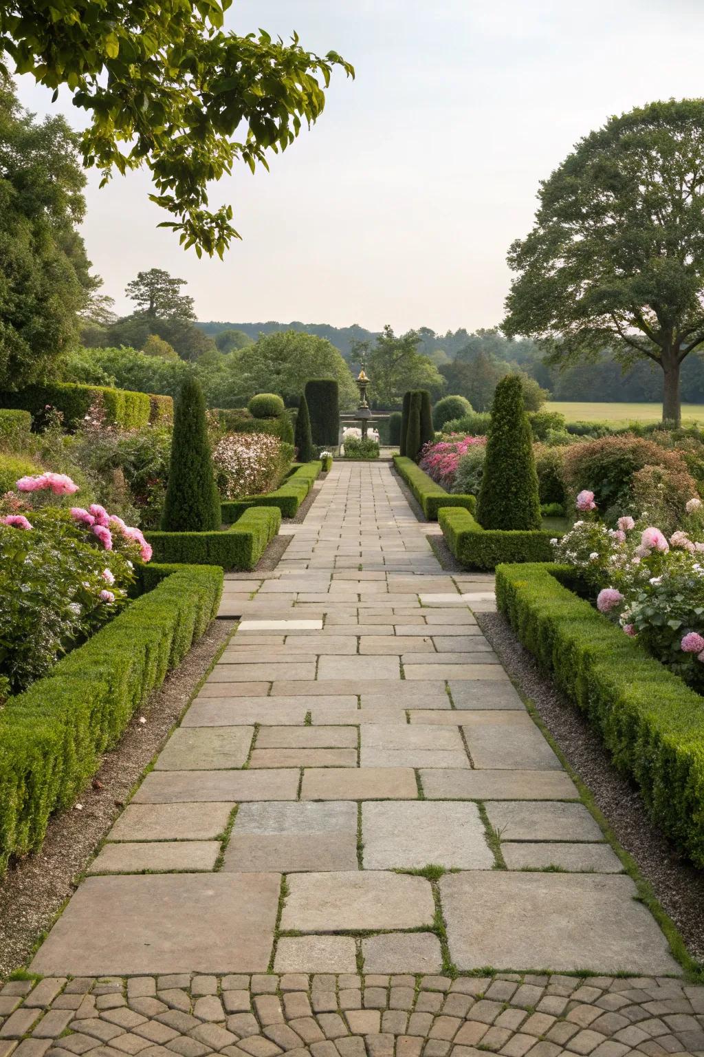 Wide pathways create a welcoming entrance to outdoor spaces.