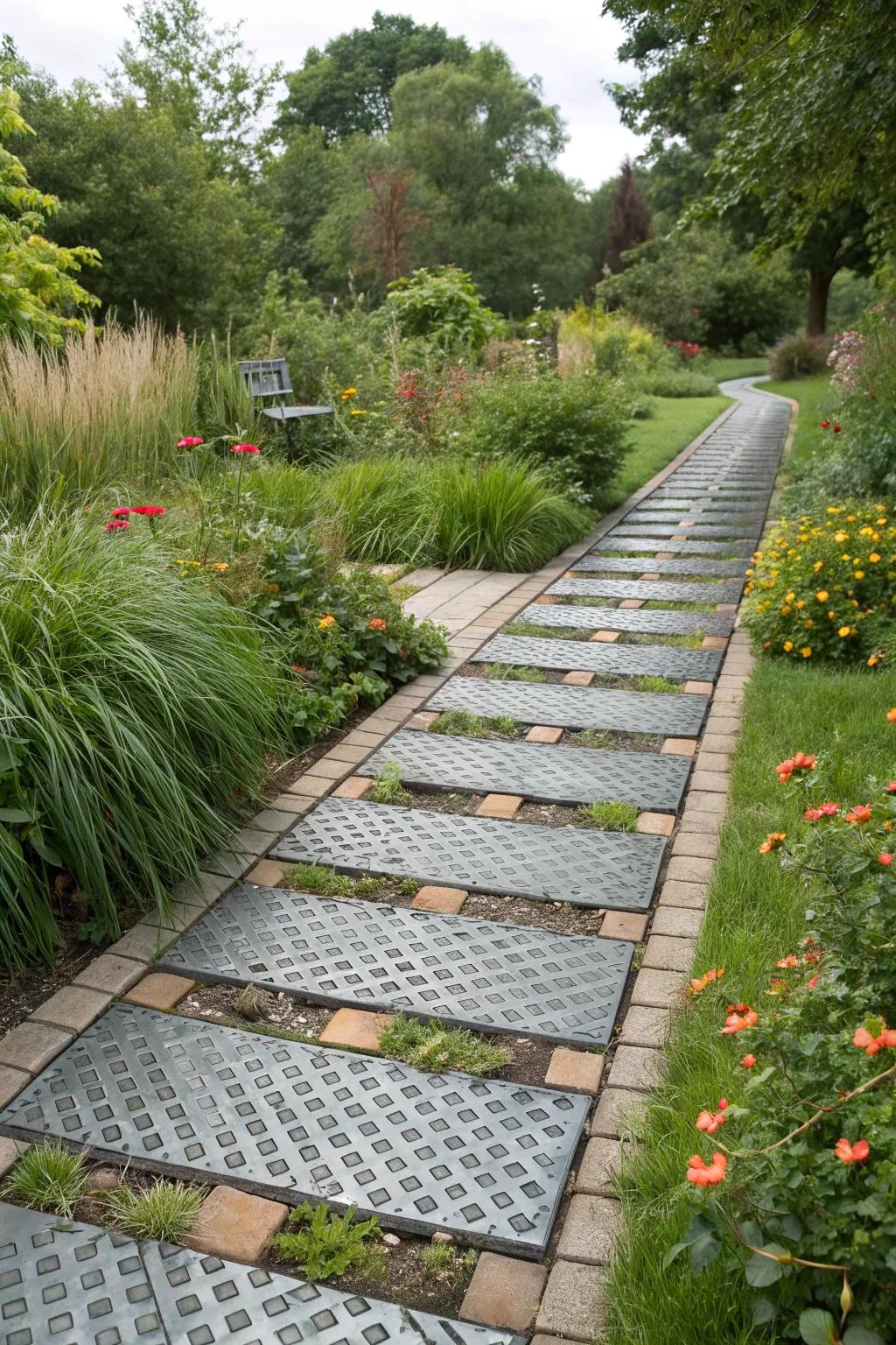 Metal pavers offer a modern, industrial look for garden pathways.