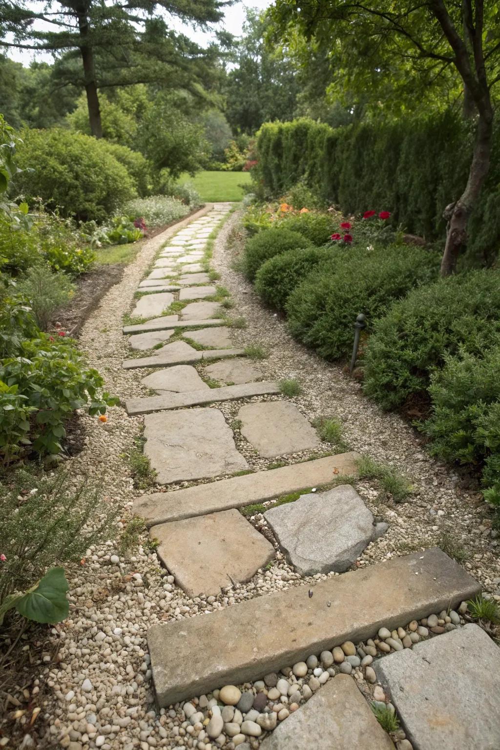 Gravel accents add rustic charm to garden pathways.