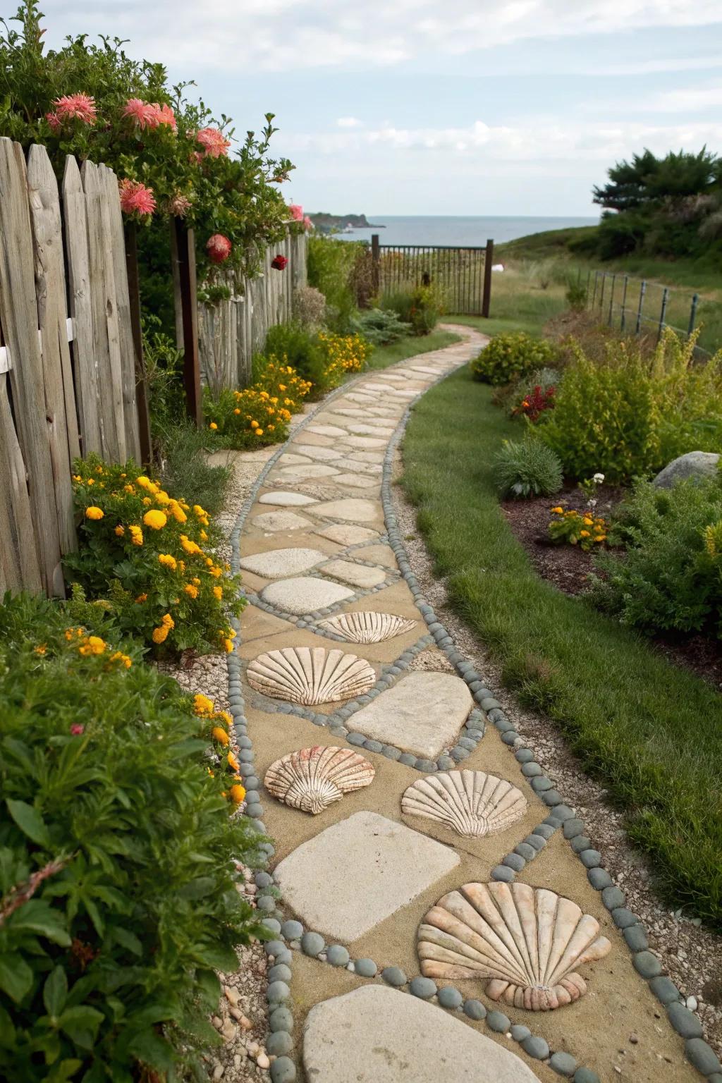 Shellstone pavers add a coastal touch to garden pathways.