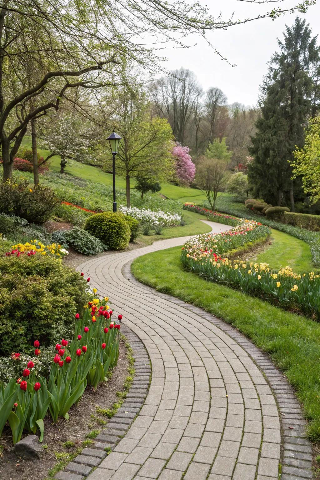 Curved paver pathways create a natural flow in the garden.