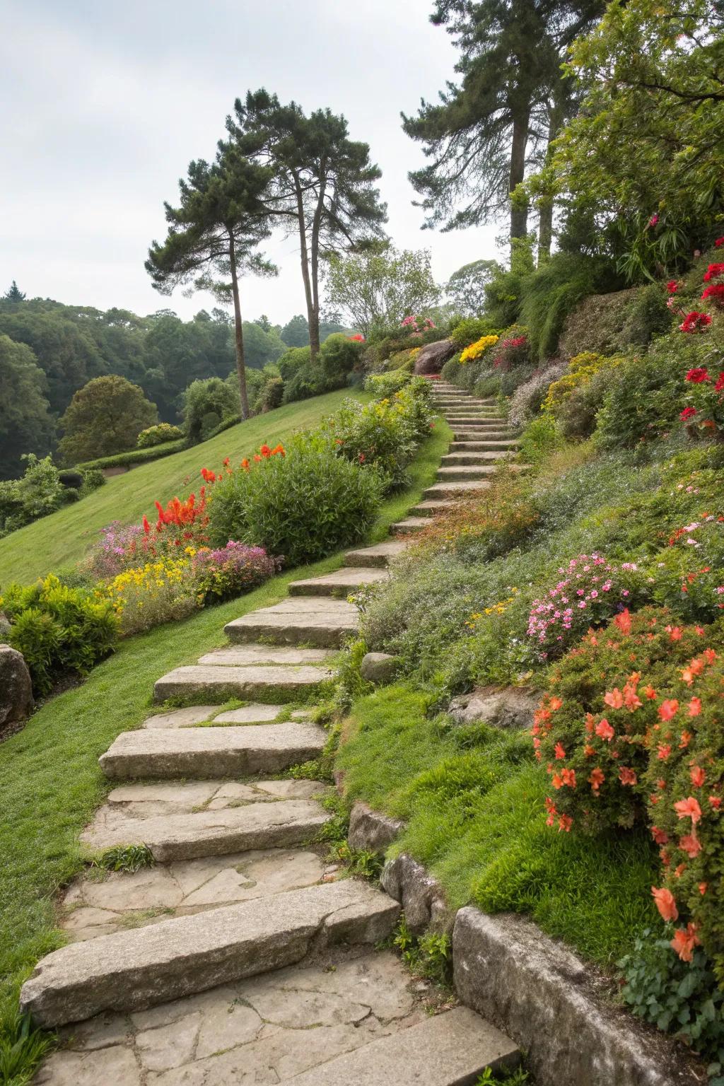 Stone steps add dimension and interest to garden paths.