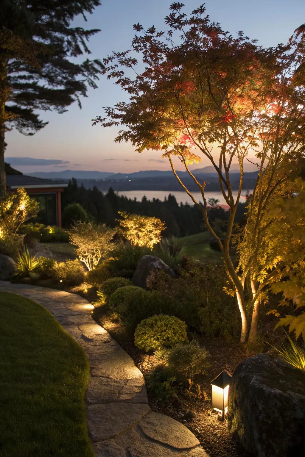 Nighttime lighting transforms maples into garden stars.