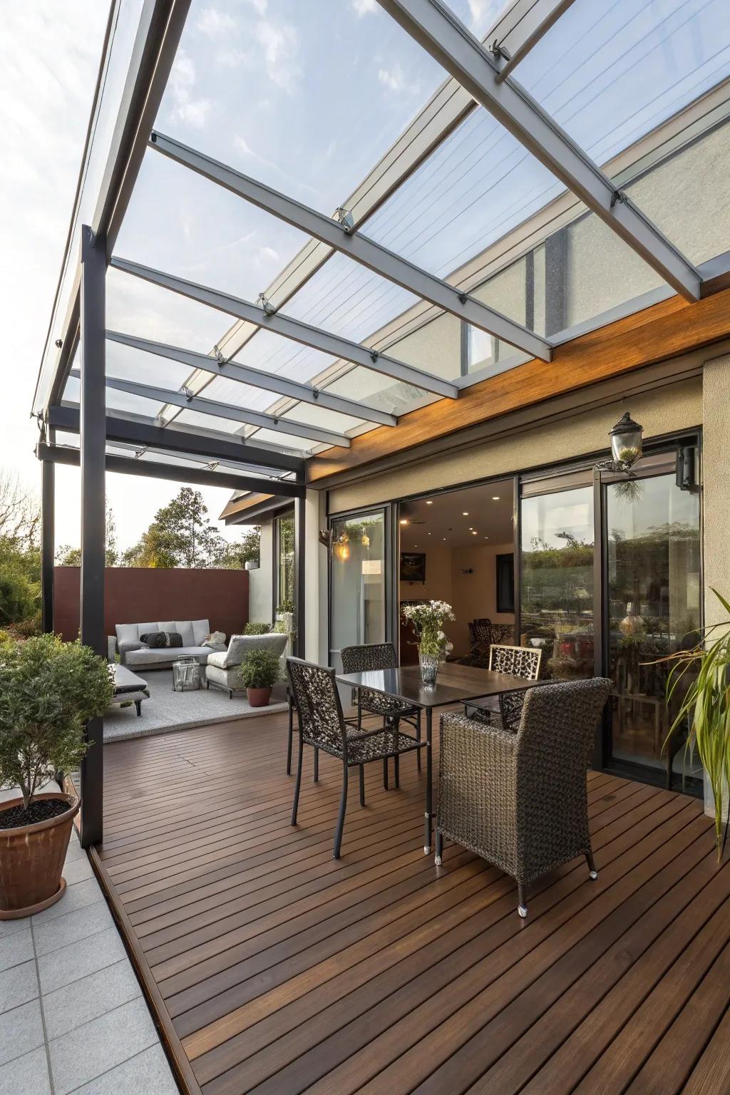 A patio that beautifully blends different materials for a unique look.