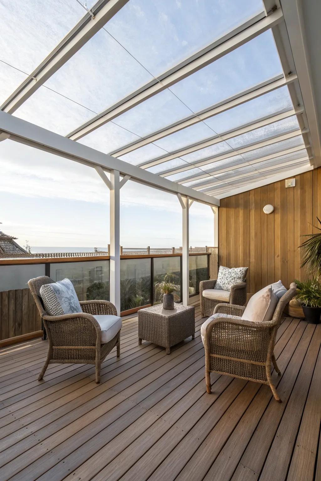 A classic patio design with a clear roof and wooden decking.