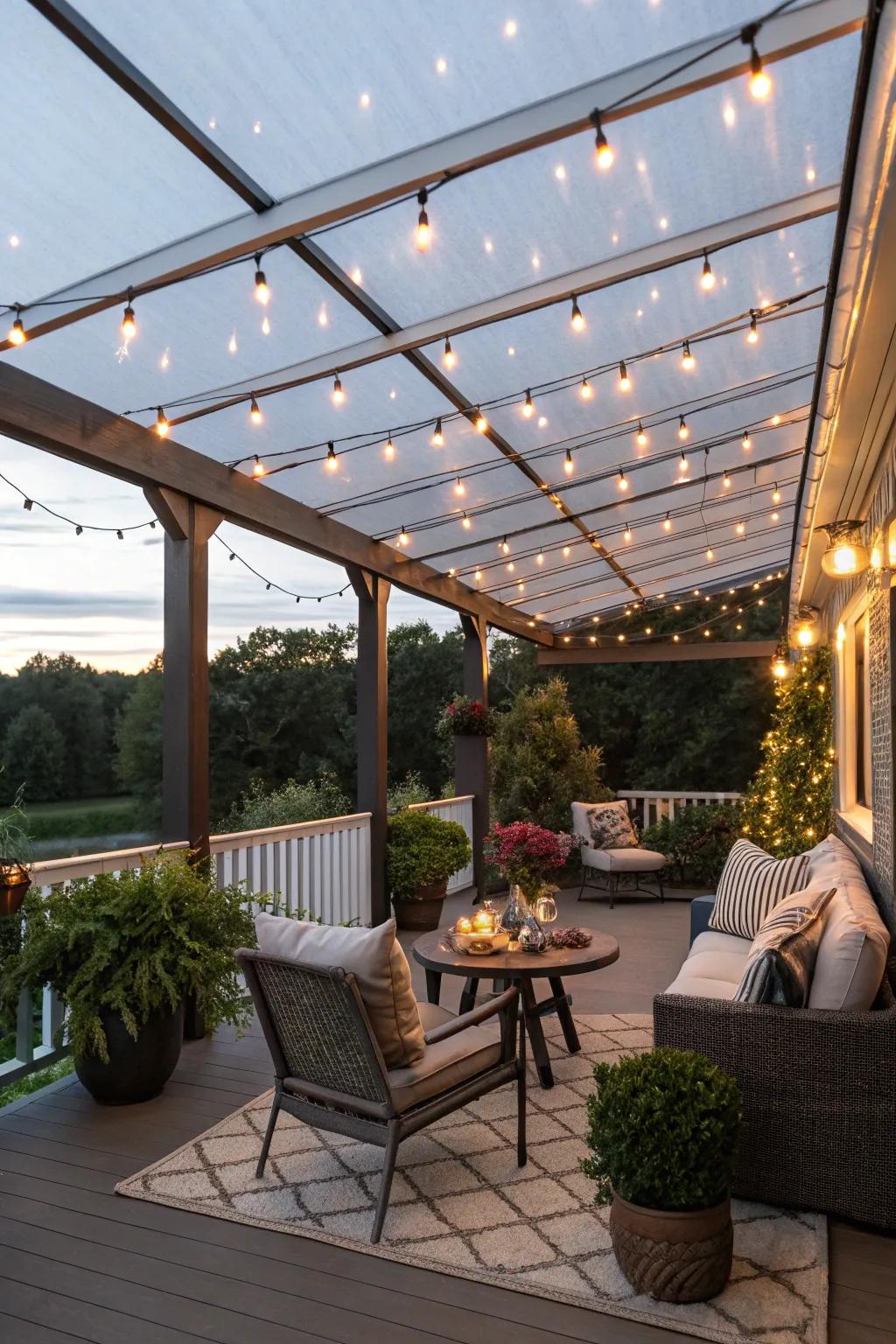 A magical patio setting with string lights under a clear roof.