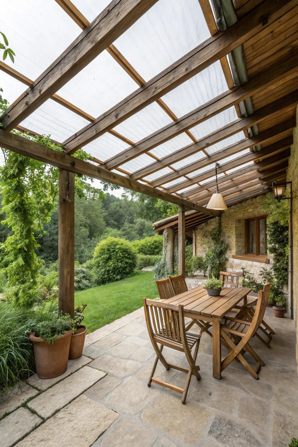 Rustic charm meets modern design with a clear-roofed patio.