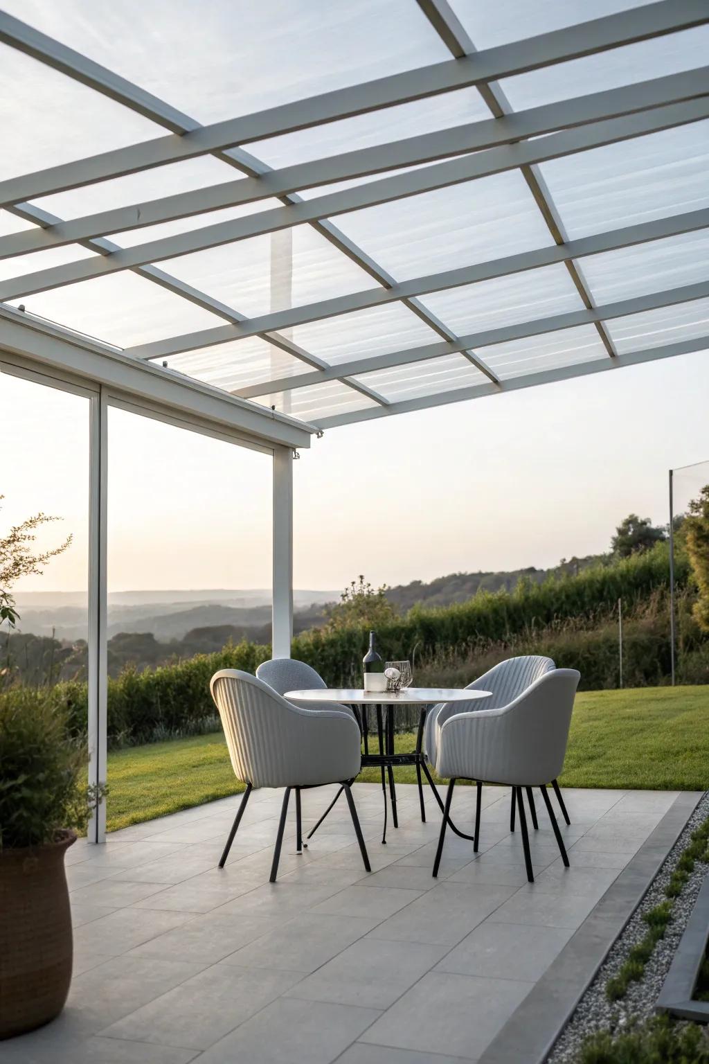 A minimalist patio with a clear roof that exudes modern elegance.