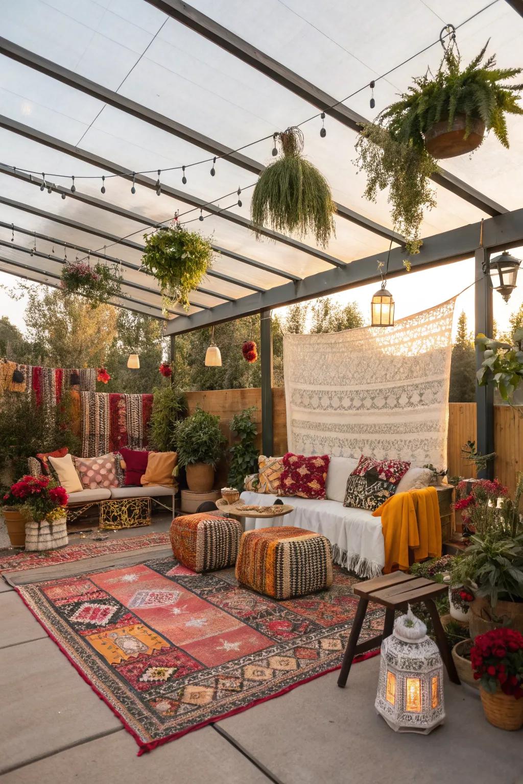 A bohemian bliss patio with a clear roof and vibrant decor.