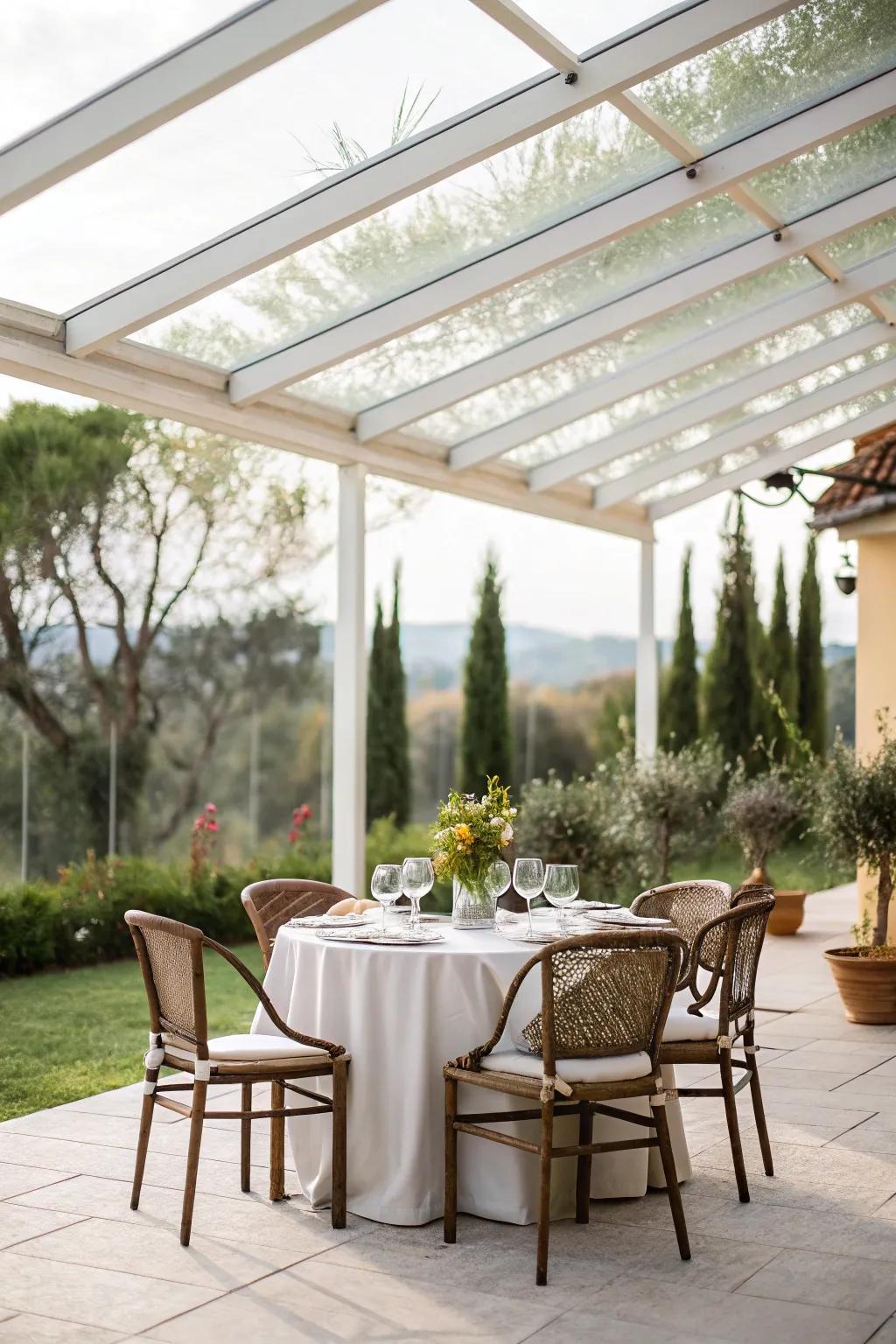 An inviting al fresco dining area with a clear-roofed patio.