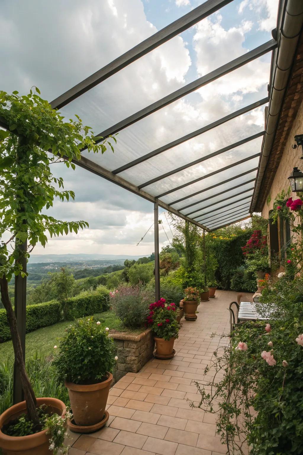 A garden oasis with a clear-roofed patio that connects you with nature.