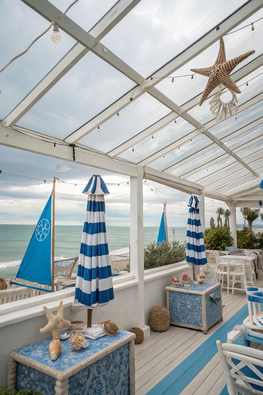 A coastal chic patio with a clear roof and seaside vibes.